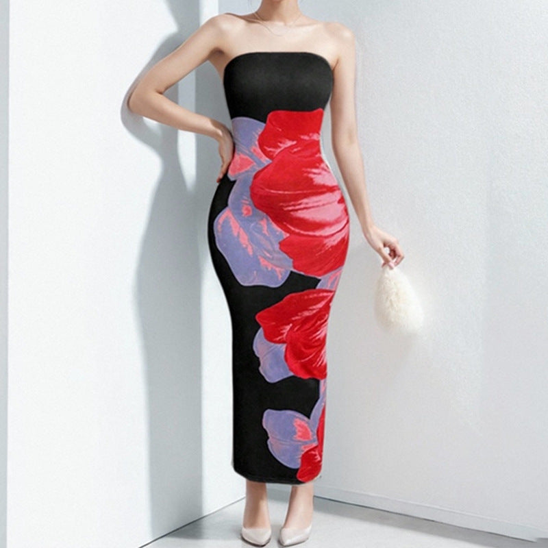 Women’s Strapless Dress – Slim Fit – Floral Print – Full Length Evening Wear