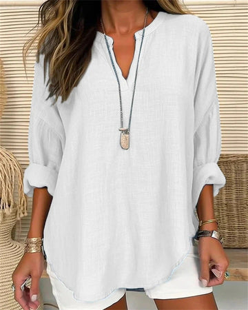 Women’s Long Sleeve Shirt – Cotton Linen Blend – Relaxed Fit – Stand Collar – Casual Style