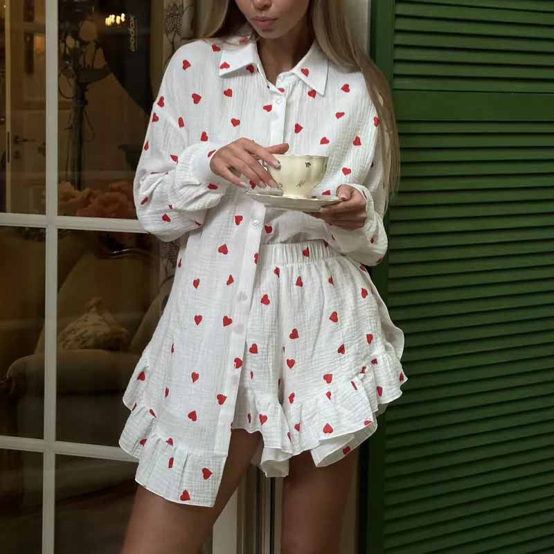 Women’s Loungewear Set – Cotton Blend – Relaxed Fit – Heart Print – Long Sleeve Shirt & Ruffle Shorts