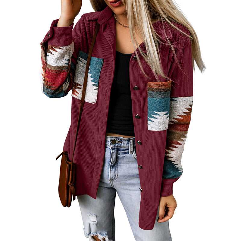 Women’s Cardigan Jacket – Corduroy Texture – Wool Blend – Aztec Detail – Relaxed Fit