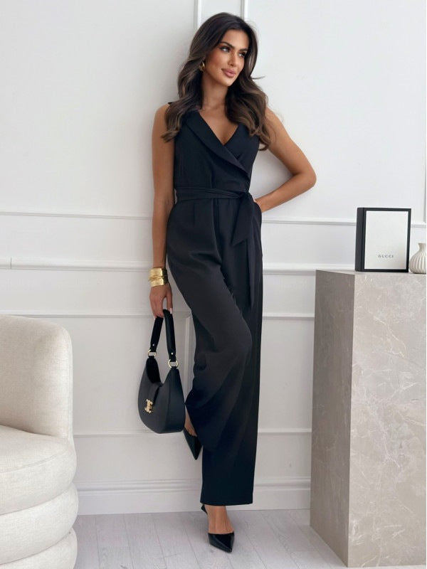 Women's Sleeveless Jumpsuit - V-Neck - Waist Detailing - Elegant Tailored Fit