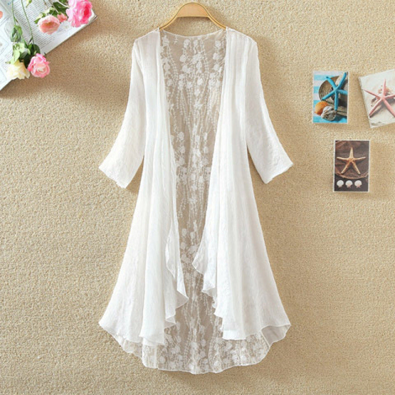 Women’s Mid-Length Cardigan – Open Front – Lace Detail – Breathable Blend – Relaxed Fit