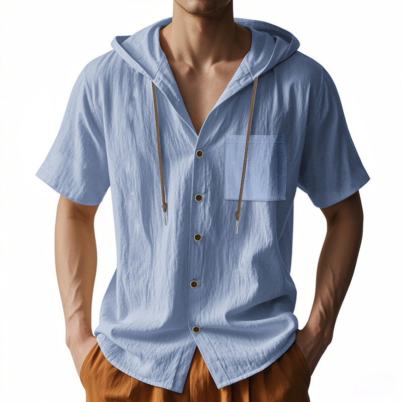 Men’s Hooded Shirt – Linen Blend – Relaxed Fit – Short Sleeve – Button-Up Casual Style