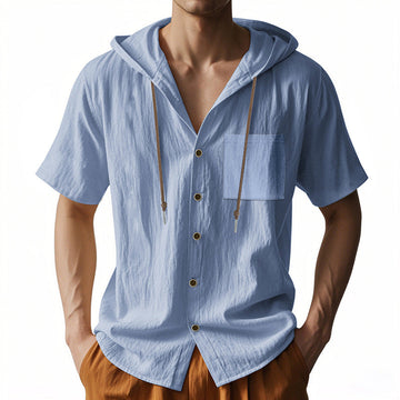 Men’s Hooded Shirt – Linen Blend – Relaxed Fit – Short Sleeve – Button-Up Casual Style