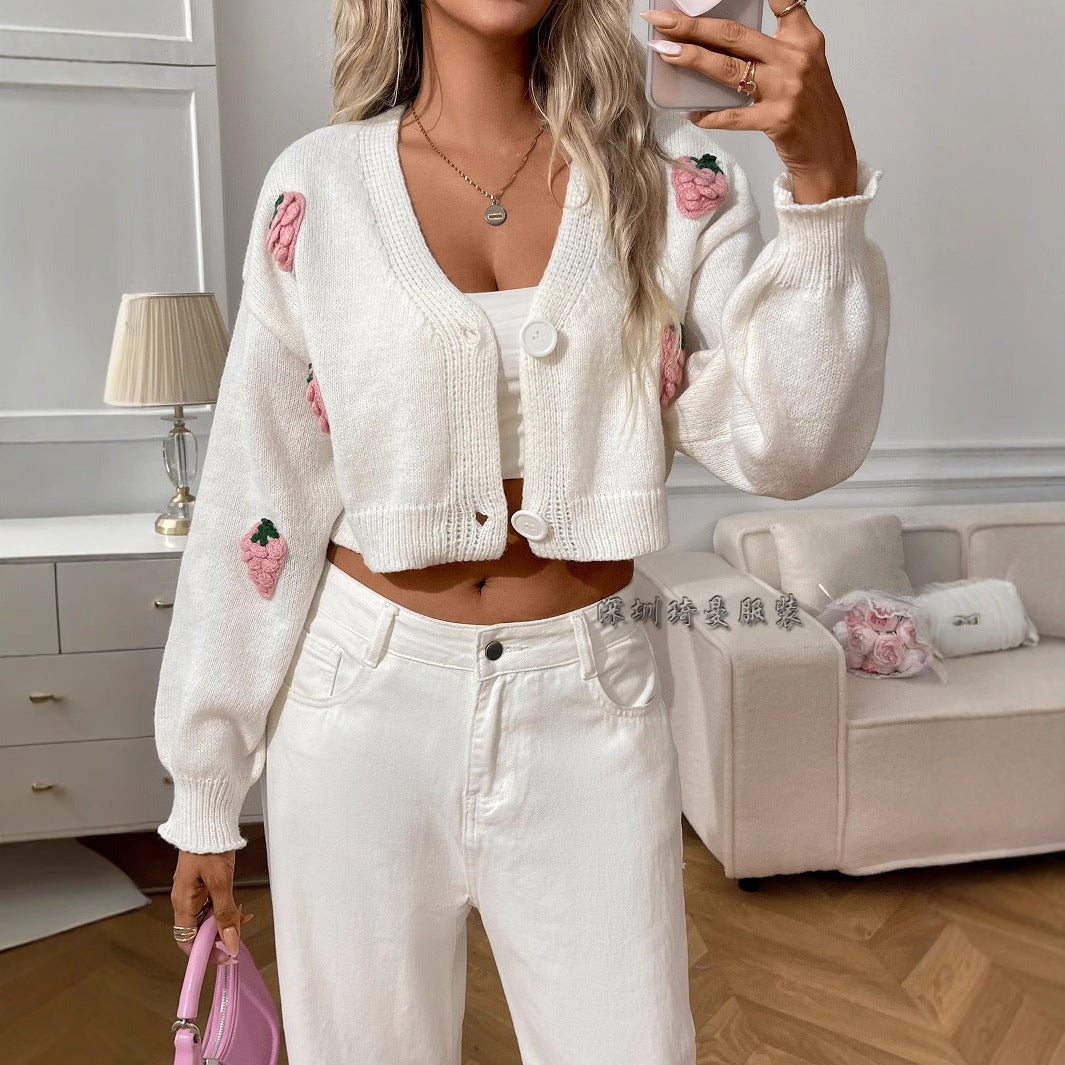 Women’s Cardigan Sweater – Cropped Fit – Wool Knit – V-Neck – Embroidered – Button Front