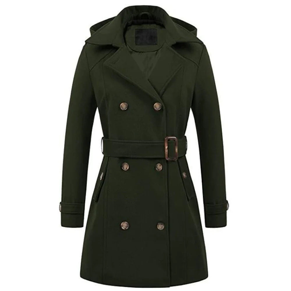 Women’s Winter Coat – Tailored Fit – Wool Feel – Hooded – Belted – Double-Breasted