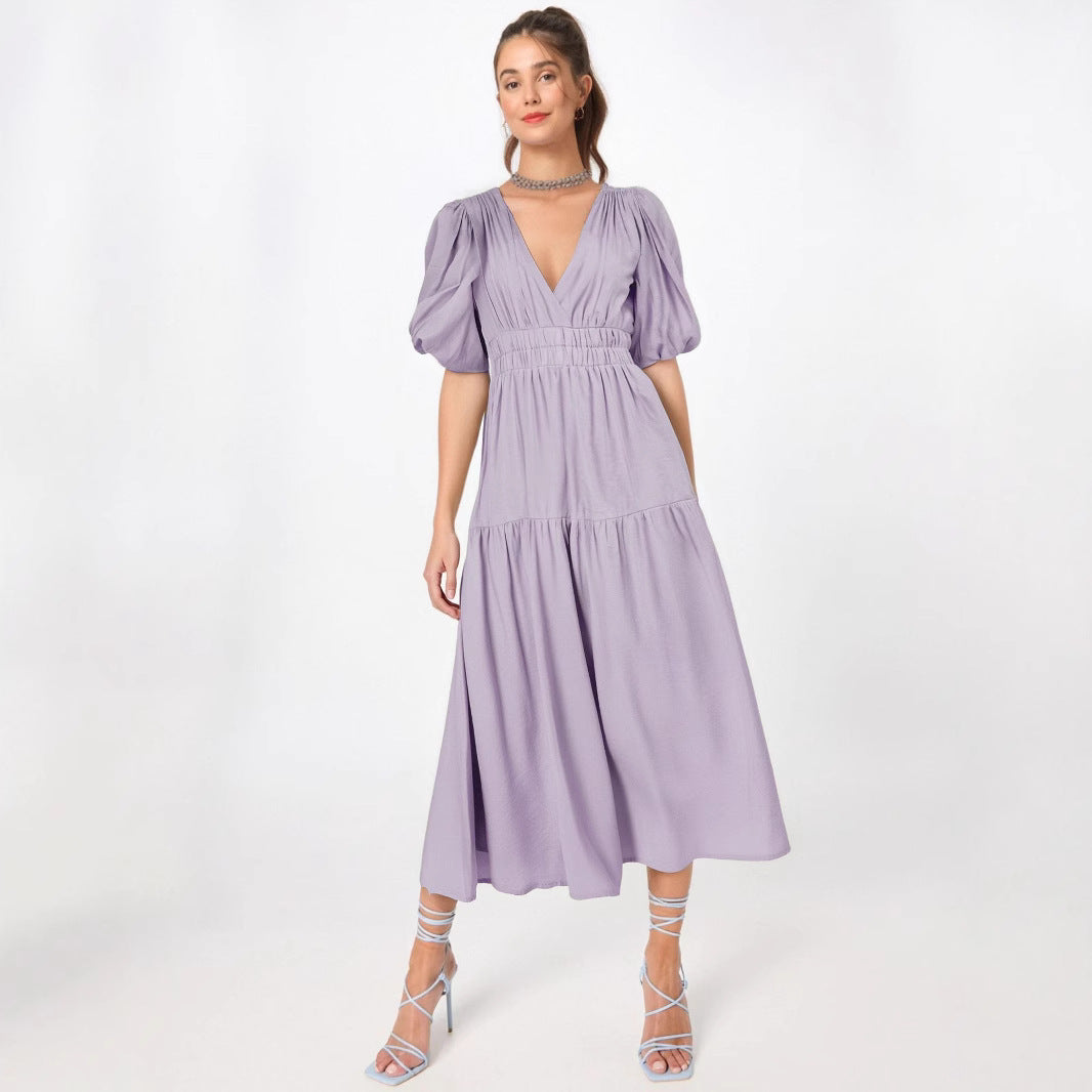 Women’s Midi Dress – Fitted Waist – Puff Sleeves – Deep V-Neck – Tiered Skirt