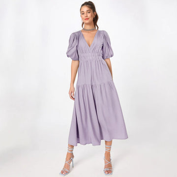 Women’s Midi Dress – Fitted Waist – Puff Sleeves – Deep V-Neck – Tiered Skirt