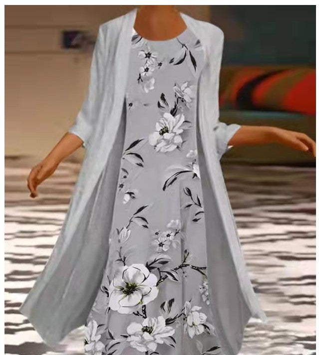 Women’s Two-Piece Dress Set – Floral Print – Loose Fit – Breathable Blend – Mid-Length