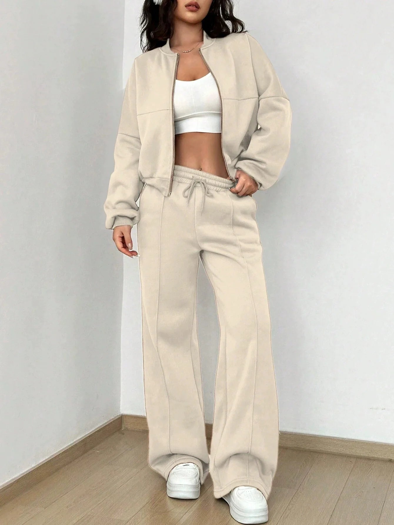 Women’s Two-Piece Loungewear Set – Relaxed Bomber Jacket – High-Waisted Wide-Leg Pants – Cotton Blend