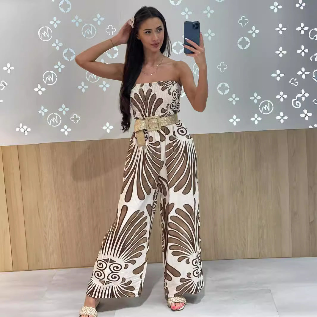Women’s Strapless Jumpsuit – Smocked Bodice – Wide Leg – Bold Print – Lightweight Fabric