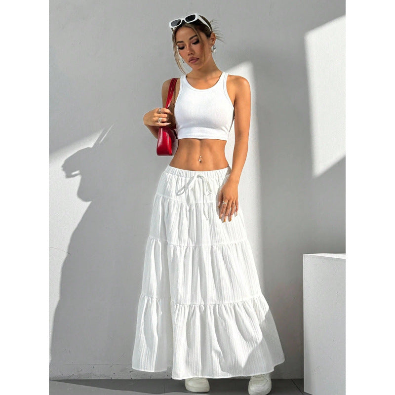 Women’s Long Skirt – Cotton Blend – A-Line Fit – Tiered Layers – Drawstring Waist
