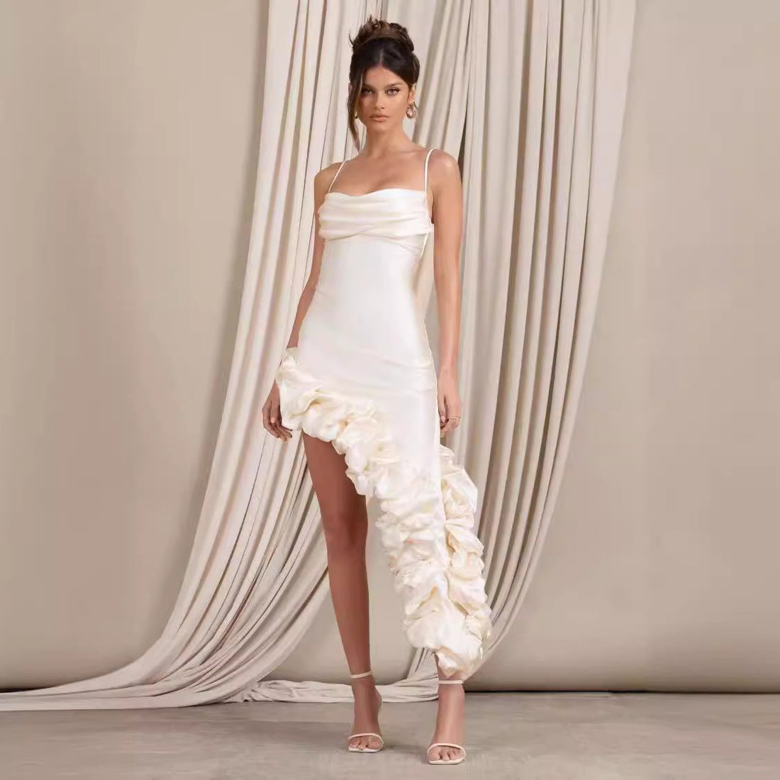 Women’s Evening Gown – Satin – Fitted Silhouette – Asymmetric Hem – Ruched Detail
