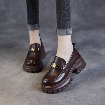 Women’s Loafers – Genuine Leather – Chunky Platform Sole – Metallic Detail