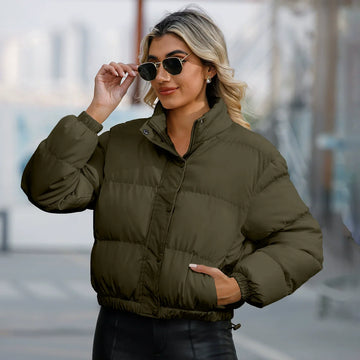 Women’s Puffer Jacket – Oversized Fit – Cropped Length – High Collar – Quilted Warm Design