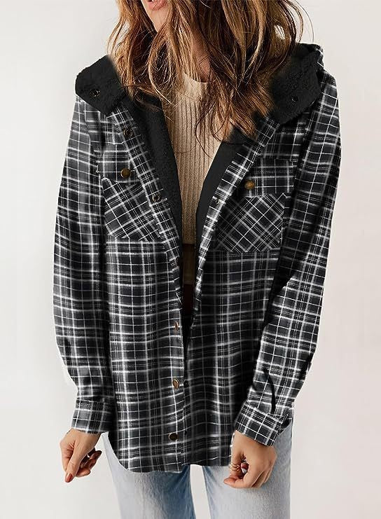 Women’s Wool Jacket – Relaxed Fit – Plush Lined Hood – Plaid – Button-Up Layers