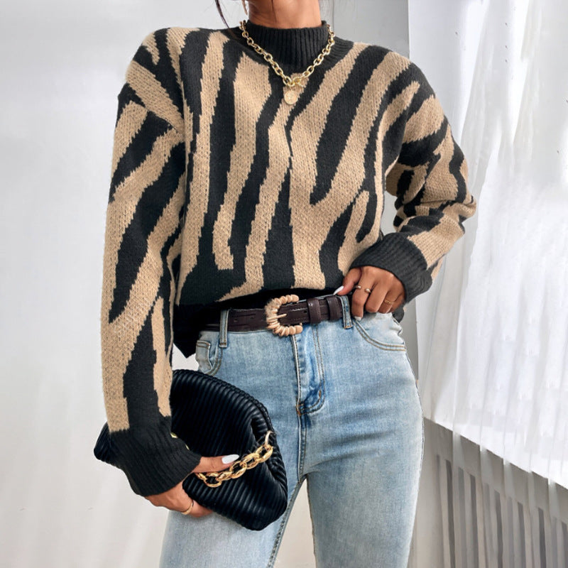 Women’s Sweater – Knit Jacquard – Relaxed Fit – Round Neck – Animal Print Casual Wear