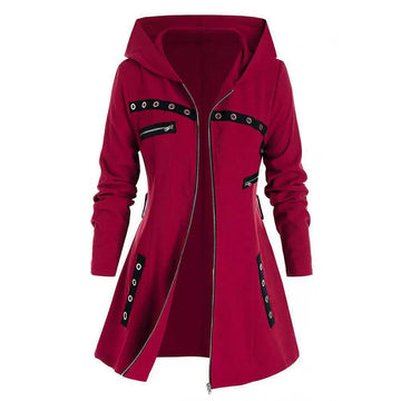 Women’s Hooded Coat – Slim Fit – Asymmetrical Hem – Metallic Zipper & Grommets