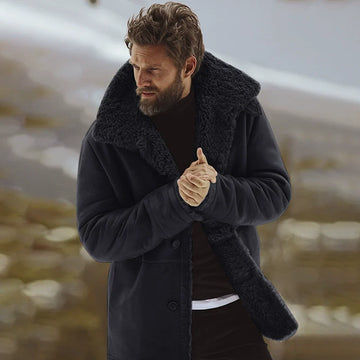 Men’s Wool Coat – Relaxed Fit – Shearling Collar – Mid-Thigh Length – Button Front