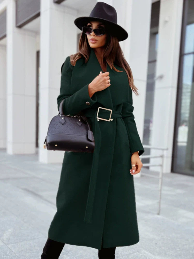 Women’s Longline Coat – Relaxed Tailored Fit – Wool Blend – Draped Lapels – Belted Waist