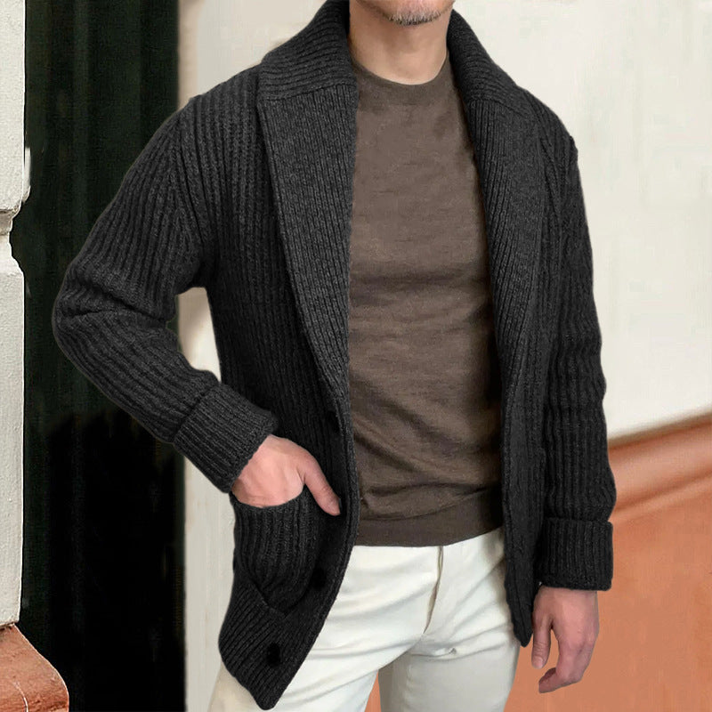 Men’s Knitted Cardigan – Wool Blend – Relaxed Fit – Shawl Collar – Button Front – Ribbed