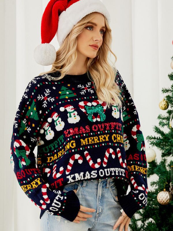 Women’s Sweatshirt – Jacquard Knit – Cropped Loose Fit – Holiday Graphic Pattern