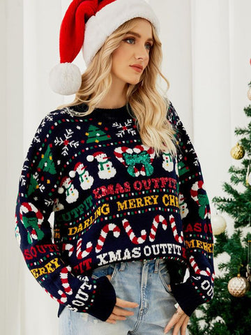 Women’s Sweatshirt – Jacquard Knit – Cropped Loose Fit – Holiday Graphic Pattern