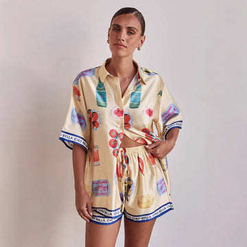 Women’s Lounge Set – Satin Feel – Relaxed Fit – Button-Up Shirt & Drawstring Shorts