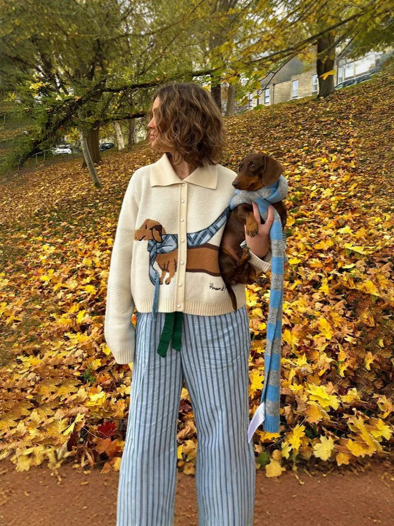 Women’s Cardigan Sweater – Cropped Fit – Knit Texture – Button Front – Dachshund Graphic