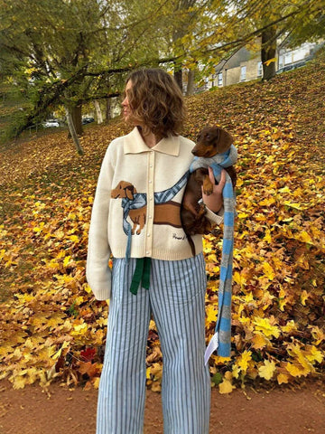 Women’s Cardigan Sweater – Cropped Fit – Knit Texture – Button Front – Dachshund Graphic
