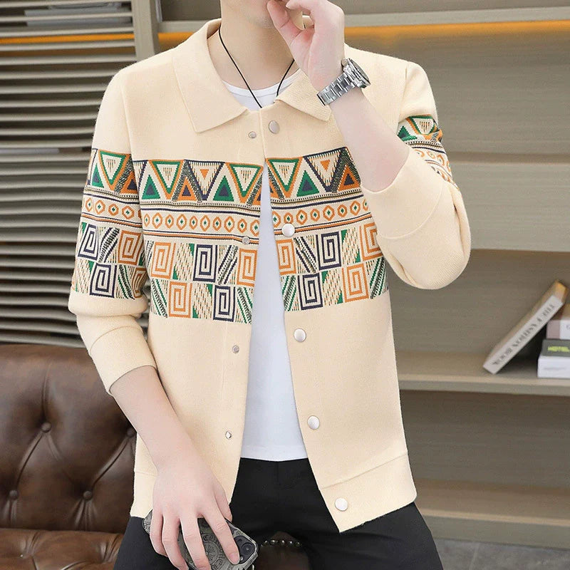 Men’s Knitted Jacket – Slim Fit – Geometric Pattern – Shirt Collar – Long Sleeve