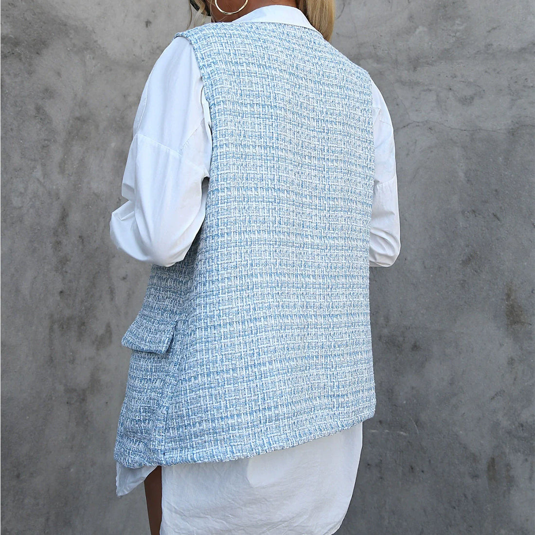 Women’s Cardigan Vest – Houndstooth Plaid – Relaxed Fit – Mid-Length Open Front – Pockets