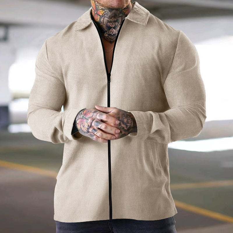 Men’s Long Sleeve Shirt – Textured Woven Fabric – Regular Fit – Zip Front Closure