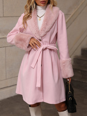 Women’s Trench Coat – Tailored Fit – Wool Blend – Faux Fur Collar & Cuffs – Belted
