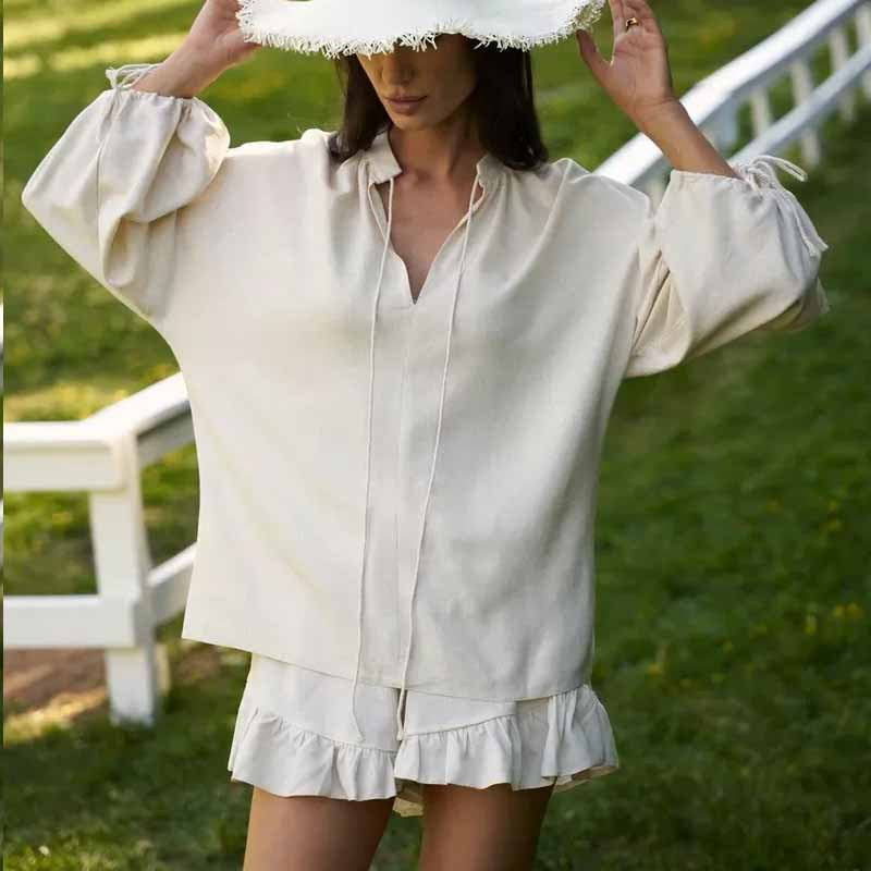 Women’s Two-Piece Set – V-Neck Top with Balloon Sleeves – Ruffle Hem Relaxed Shorts