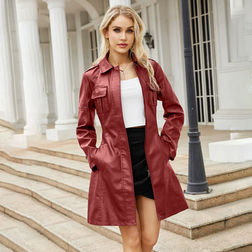 Women’s Medium-Length Coat – Structured Fit – Leather-Like – Point Collar – Zipper Closure