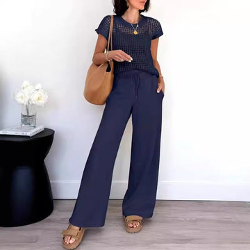 Women’s Two-Piece Set – Open-Knit Short Sleeve Top – Wide-Leg Trousers – Relaxed Fit