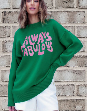 Women’s Pullover Sweater – Relaxed Fit – Knit Texture – Bold Slogan Front – Ribbed Trim