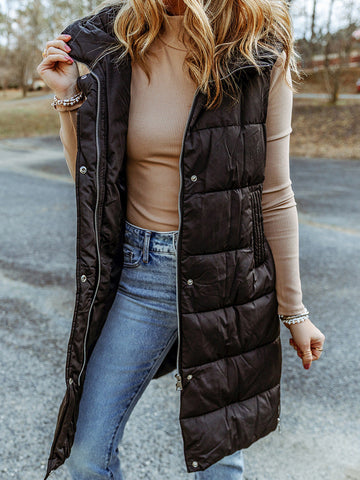 Women’s Long Vest – Quilted Hooded Design – Relaxed Fit – Sleeveless Zip Outerwear