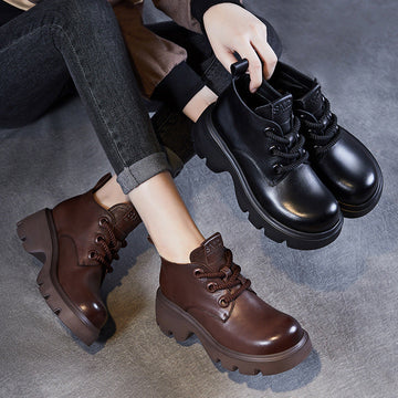 Women’s Ankle Boots – Genuine Leather – High-Top Fit – Chunky Sole – Lace-Up Style