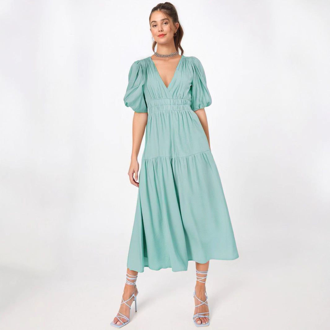 Women’s Midi Dress – Fitted Waist – Puff Sleeves – Deep V-Neck – Tiered Skirt