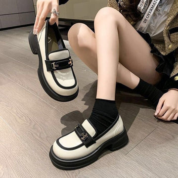 Women’s Loafers – Slip-On Fit – Chunky Sole – Leather-Like Finish – Metal Strap Detail