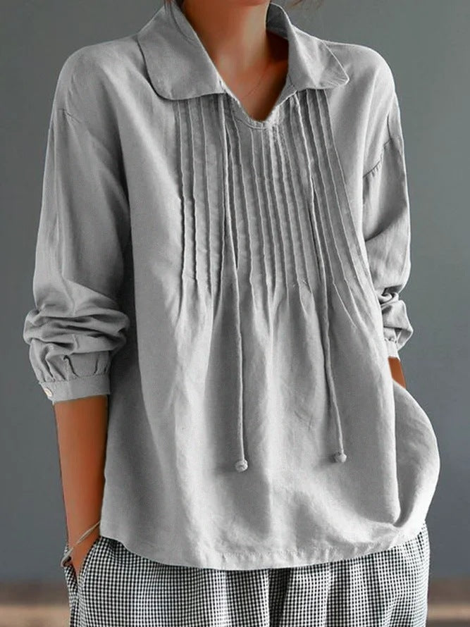 Women’s Long Sleeve Shirt – Cotton Linen Blend – Relaxed Fit – Pleated Front – Collared – Drawstring Neck