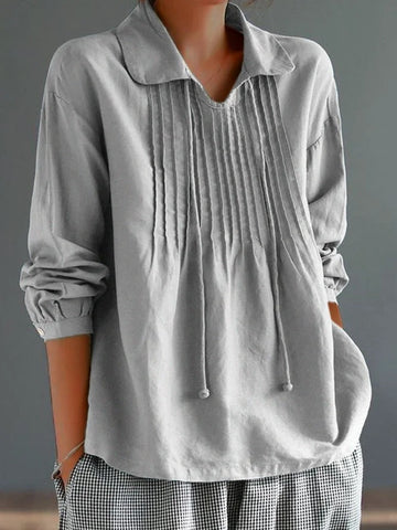 Women’s Long Sleeve Shirt – Cotton Linen Blend – Relaxed Fit – Pleated Front – Collared – Drawstring Neck