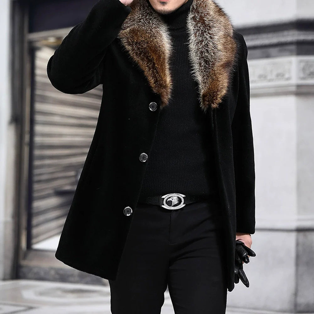 Men’s Mid-Length Coat – Structured Fit – Shaggy Fur V-Collar – Button Closure