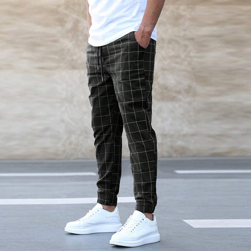 Men’s Jogger Pants – Tapered Fit – Grid Pattern – Elastic Waist – Drawstring Casual Wear