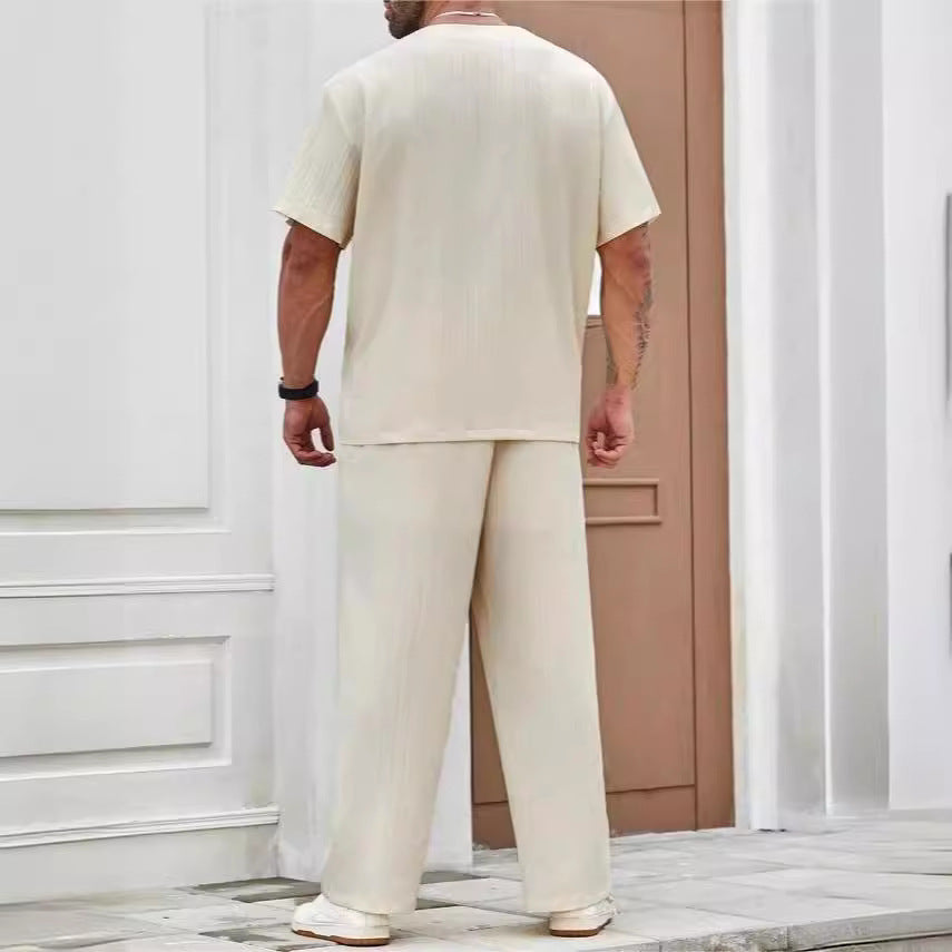 Men’s Casual Set – Relaxed Fit – V-Neck Short Sleeve Top – Lightweight Full-Length Pants
