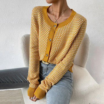 Women’s Cardigan – Wool Blend Knit – Relaxed Fit – Button Front – Geometric Pattern