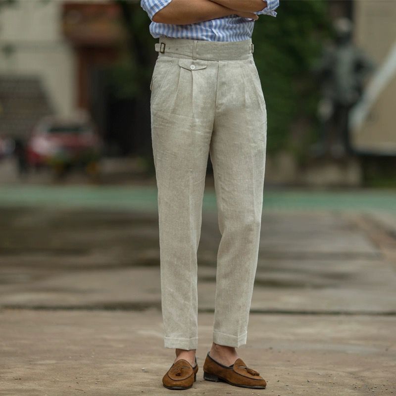 Men’s Linen Trousers – Slim Fit – High Waist – Pleated Front – Tailored Design