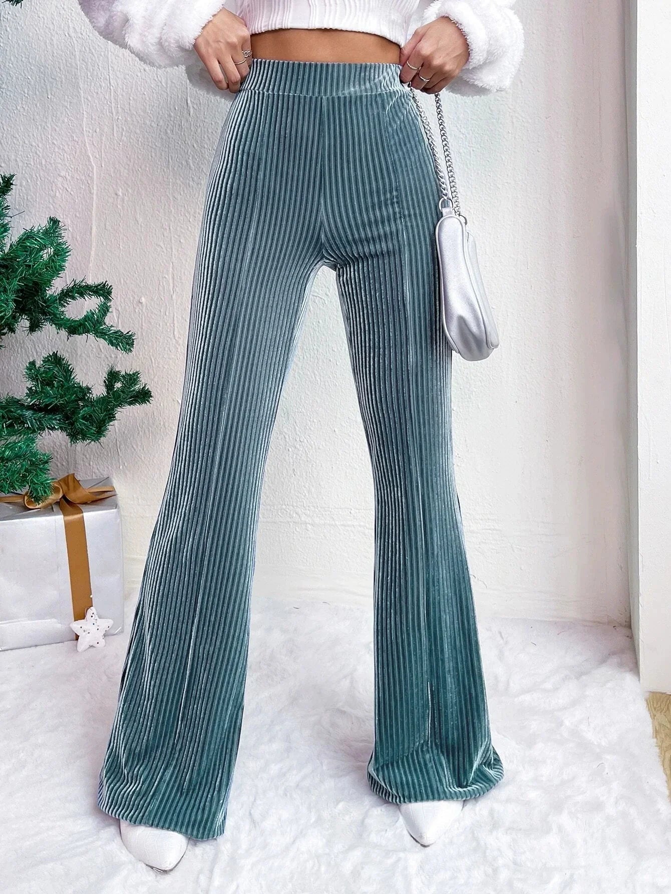 Women’s Flared Pants – High Waist Pull-On – Ribbed Texture – Full Length Wide Leg